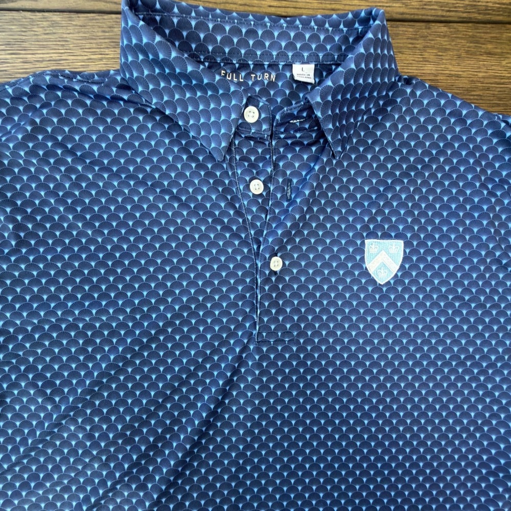 Full Turn Mens Large Blue Scallop Geometric Repreve Performance Golf Polo Shirt